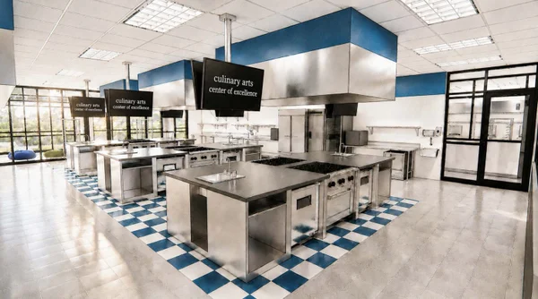 Artists rendering of a teaching kitchen with 3 islands with counters and 2 stoves each